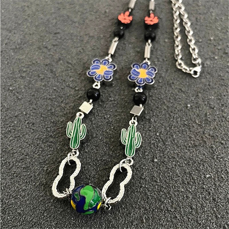 Hip Hop Earth Cactus Flower Necklace